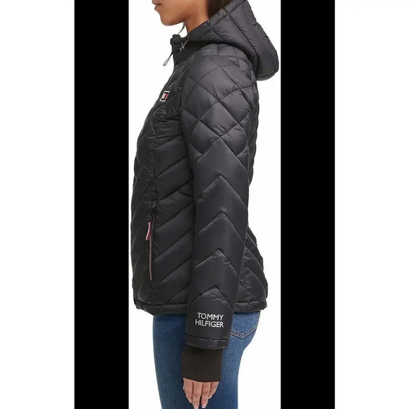 Tommy Hilfiger Wome Navy/black Puffer Jacket Quilted Packable Hooded Full Zip Sm - Picture 2 of 10